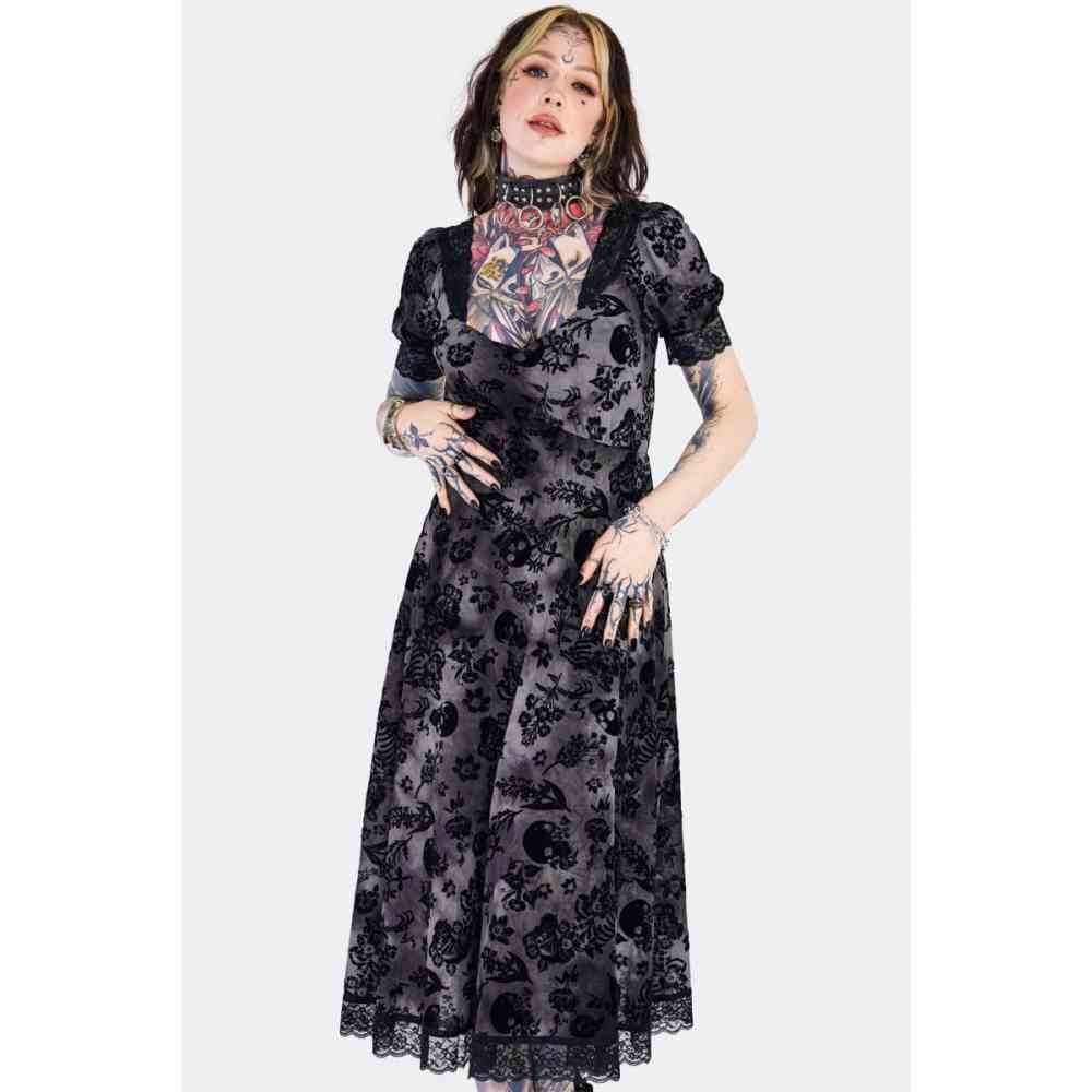 Jawbreaker - Flocked Skull Lace Trim Midi Lange jurk - Grijs